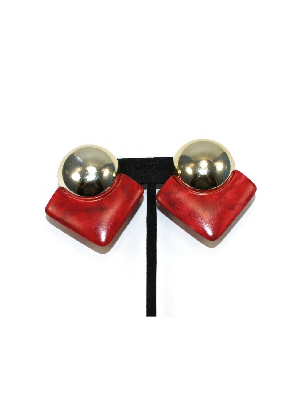 Vintage Gold Tone & Red Plastic Stud Earrings with Post Backs for Pierced Ears.